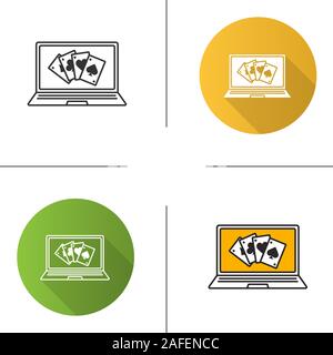 Online casino icon. Flat design, linear and color styles. Laptop display with four aces. Isolated vector illustrations Stock Vector