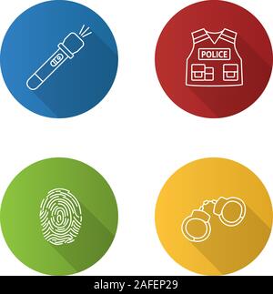 Police flat linear long shadow icons set. Flashlight, bulletproof vest, fingerprint, handcuffs. Vector outline illustration Stock Vector