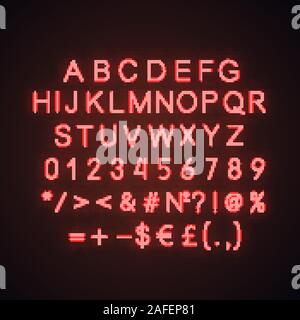 Red alphabet, numbers and math signs neon light icon. ABC glowing symbols. Letters. Vector isolated illustration Stock Vector