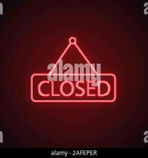 Closed hanging door neon light icon. Glowing sign. Closed shop signboard. Vector isolated illustration Stock Vector