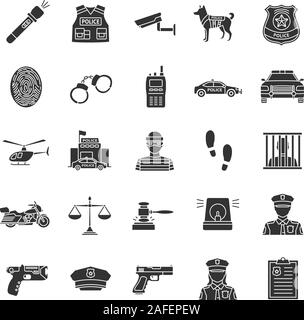 Police glyph icons set. Law enforcement. Transport, protection equipment, weapon. Silhouette symbols. Vector isolated illustration Stock Vector