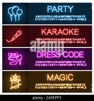 Party neon light banner templates set. Air balloons, microphone, bow tie and high heel shoe, magic trick. Website glowing menu items. Vector isolated Stock Vector