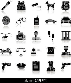 Police drop shadow black glyph icons set. Law enforcement. Transport, protection equipment, weapon. Isolated vector illustrations Stock Vector