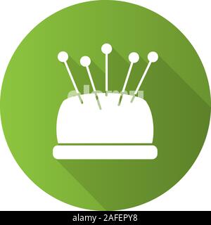 Pincushion with pins flat design long shadow glyph icon. Vector silhouette illustration Stock Vector