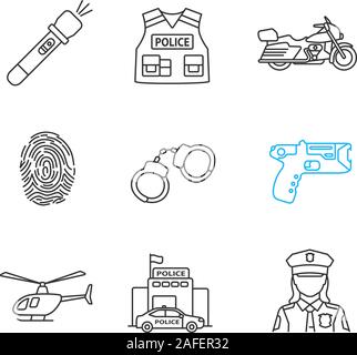 Police linear icons set. Flashlight, bulletproof vest, motorbike, fingerprint, handcuffs, taser, helicopter, police station, policeman. Thin line cont Stock Vector