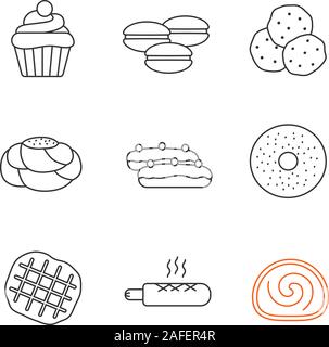 Bakery linear icons set. Cupcake, macarons, chocolate chips, pastry bread, eclair, bagel, belgian waffle, french hot dog, swiss roll. Thin line contou Stock Vector