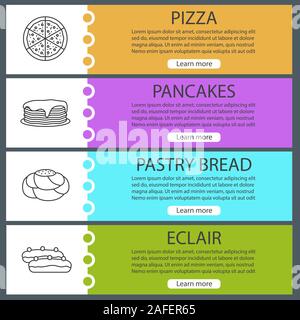 Bakery web banner templates set. Pizza, pancakes, pastry bread, eclair. Website color menu items with linear icons. Vector headers design concepts Stock Vector