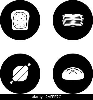 Bakery glyph icons set. Toast with jam, pancakes stack, rolling pin and dough, rye bread loaf. Vector white silhouettes illustrations in black circles Stock Vector