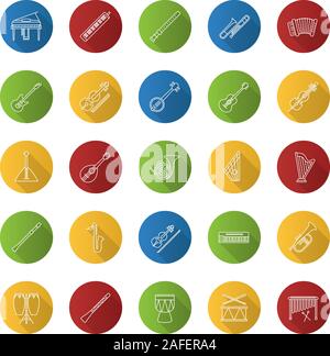 Musical instruments flat linear long shadow icons set. Conga ...