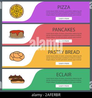 Bakery web banner templates set. Pizza, pancakes, pastry bread, eclair. Website color menu items. Vector headers design concepts Stock Vector
