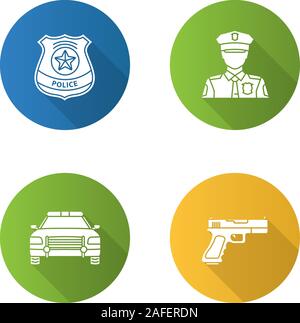 Police flat design long shadow glyph icons set. Policeman, gun, car, police badge. Vector silhouette illustration Stock Vector
