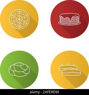 Bakery flat linear long shadow icons set. Pizza, pancakes stack, pastry bread, eclair. Vector outline illustration Stock Vector