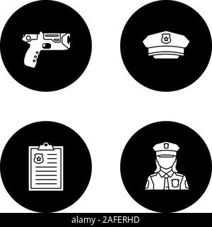 Police glyph icons set. Taser, hat, police report, policewoman. Vector white silhouettes illustrations in black circles Stock Vector