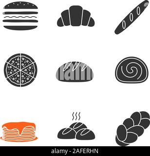 Bakery glyph icons set. Burger, croissant, baguette, pizza, round bread, swiss roll, pancakes, rolls, challah. Silhouette symbols. Vector isolated ill Stock Vector