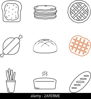 Bakery linear icons set. Toast, pancakes, pie, rolling pin, rye bread, belgian waffle, grissini, brick loaf. Thin line contour symbols. Isolated vecto Stock Vector