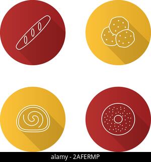 Bakery flat linear long shadow icons set. Baguette, chocolate chips, swiss roll, bagel. Vector outline illustration Stock Vector
