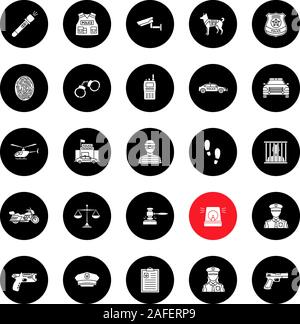 Police glyph icons set. Law enforcement. Transport, protection equipment, weapon. Vector white silhouettes illustrations in black circles Stock Vector