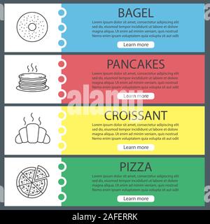 Bakery web banner templates set.  Bagel, pancakes, croissant, sliced pizza. Website color menu items with linear icons. Vector headers design concepts Stock Vector