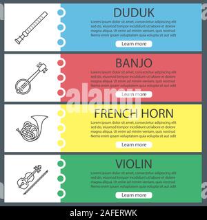 Musical instruments web banner templates set. Duduk, banjo, french horn, violin. Website color menu items with linear icons. Vector headers design con Stock Vector