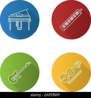 Musical instruments flat linear long shadow icons set. Conga ...