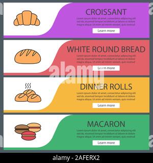 Bakery web banner templates set. Croissant, round bread, dinner rolls, macaron. Website color menu items. Vector headers design concepts Stock Vector