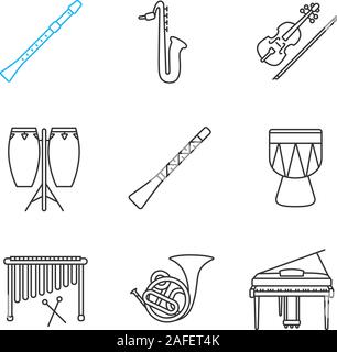 Musical instruments linear icons set. Didgeridoo, saxophone, violin, conga, flute, kendang, marimba, french horn, piano. Thin line contour symbols. Is Stock Vector
