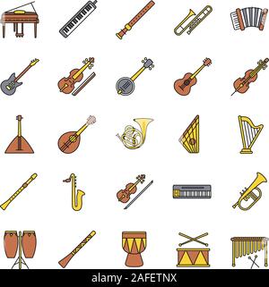 Musical instruments color icons set. Orchestra equipment. Stringed, wind, percussion instruments. Isolated vector illustrations Stock Vector