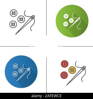 Sewing buttons and needle with thread icon. Flat design, linear and color styles. Isolated vector illustrations Stock Vector