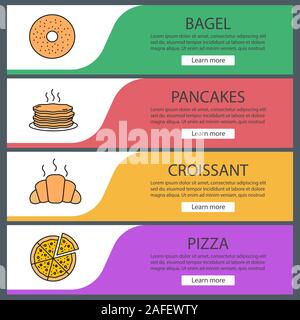 Bakery web banner templates set. Bagel, pancakes, croissant, sliced pizza. Website color menu items. Vector headers design concepts Stock Vector