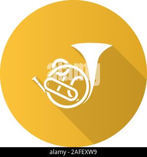 French horn flat design long shadow glyph icon. Vector silhouette illustration Stock Vector