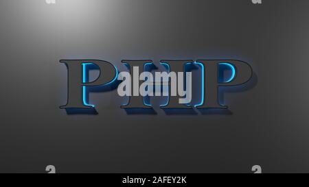 PHP black write with blue backlight, on black surface - 3D rendering illustration Stock Photo