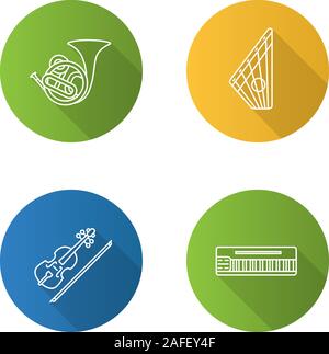 Musical instruments flat linear long shadow icons set. Conga ...