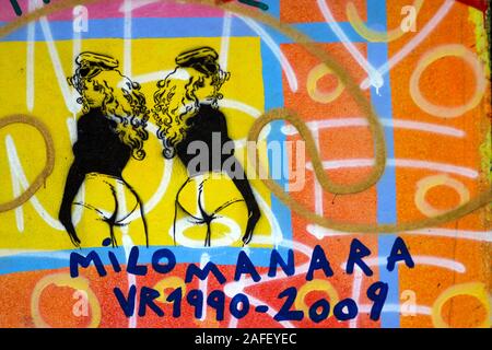 Stencil graffiti art of Milo Manara character on Berlin Wall at East Side Gallery in Berlin, Germany Stock Photo
