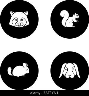 Pets glyph icons set. Raccoon, squirrel, chinchilla, rabbit. Vector white silhouettes illustrations in black circles Stock Vector
