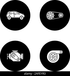 Auto workshop glyph icons set. Car, sprocket wheel, engine, turbocharger. Vector white silhouettes illustrations in black circles Stock Vector