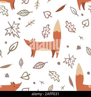 Lovely seamless pattern with cute foxes and autumn leaves. Awesome forest background in bright colors in vector Stock Vector
