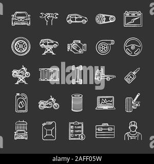 Auto workshop chalk icons set. Car service. Instruments, equipment and spare parts. Isolated vector chalkboard illustrations Stock Vector