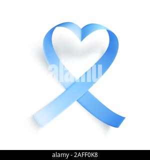 Blue ribbon over white background. Heart shaped form. Realistic medical symbol for prostate cancer awareness month in november. Vector illustration. Stock Vector