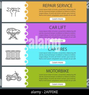 Auto workshop web banner templates set. Repair service, car lift, tires, motorbike. Website color menu items with linear icons. Vector headers design Stock Vector