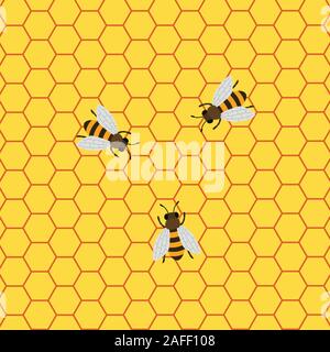 Honey Background with Bees Working on a Honeycomb Stock Vector