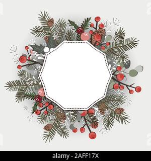 Beautiful Christmas decorative wreath greeting card. Pine branches, berries, ilex, cedar cones isolated on white background. Vector illustration Stock Vector