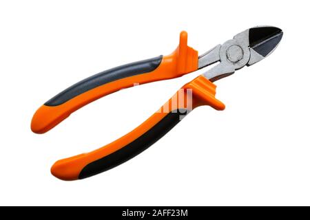 Metall wire cutters with orange black rubber handles isolated on white background. Electrician tool for repair and construction. Top view. Stock Photo