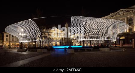 Milan, Italy - December 10 2019: Art installation at La Scala Opera House illuminated for Christmas, Italy Stock Photo