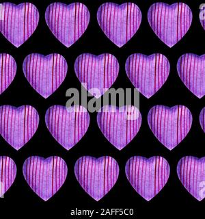 Seamless pattern with watercolor hearts. Delicate purple hearts with paper texture with straight purple lines on a black background. For wedding invit Stock Photo
