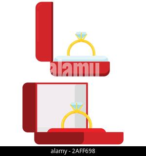 Engagement golden ring with a diamond in open red gift box set isolated on white background. Stock Vector