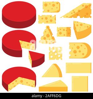 Cheese various shapes slices vector set isolated on white background. Stock Vector
