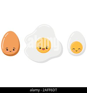 Cute emoji fried, boiled and half eggs icon set isolated on white background. Stock Vector