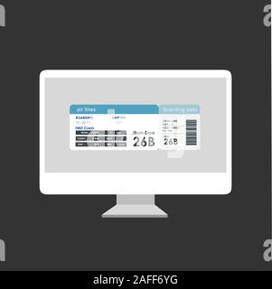 Online check-in with printed boarding pass on monitor screen isolated over black background.  Stock Vector