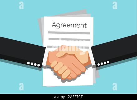 Handshake of business partners infant of Agreement document on the table. Vector flat style Stock Vector