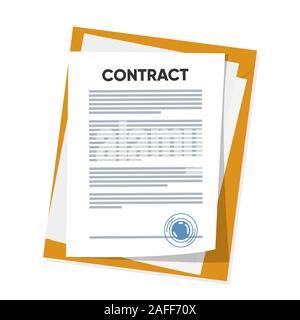 Vector illustration of signed business contract, agreement icon with round stamps on clipboard with golden, red pen.  Stock Vector